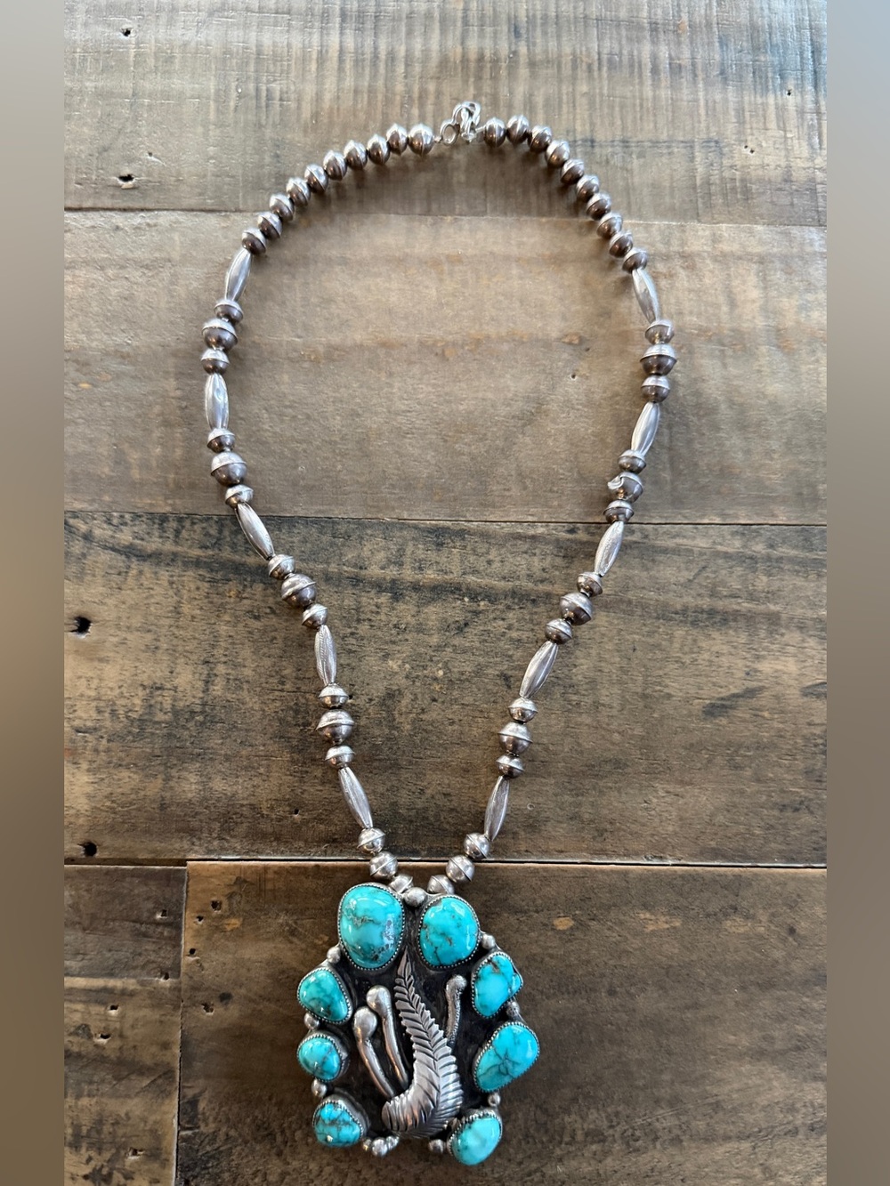 Vintage Native Navajo Handmade Sterling Silver Turquoise Leaf Horseshoe Necklace